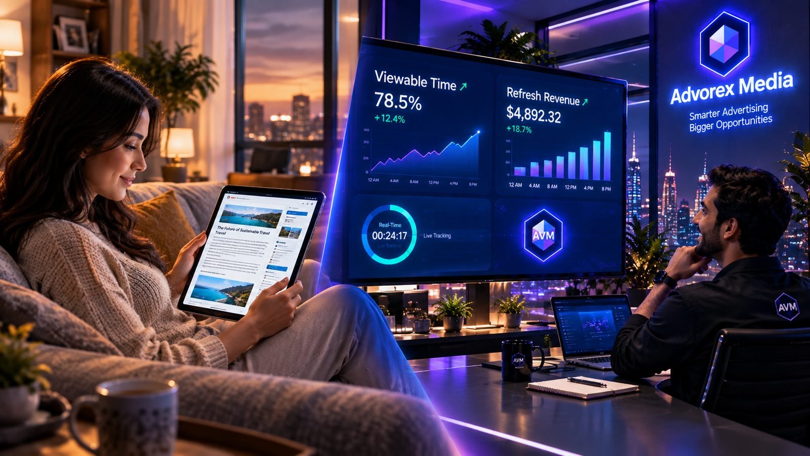 A reader enjoying an article on a tablet next to an Advorex Media screen showing viewable time and refresh revenue rising