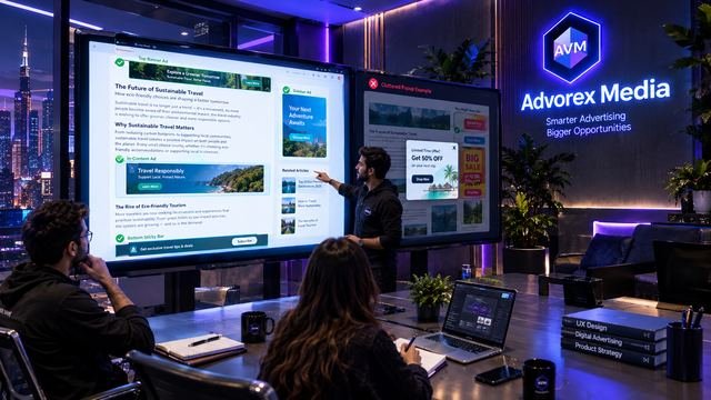 Advorex Media team reviewing a blog layout with approved top banner, in-content, sidebar and sticky ad positions next to a cluttered popup example
