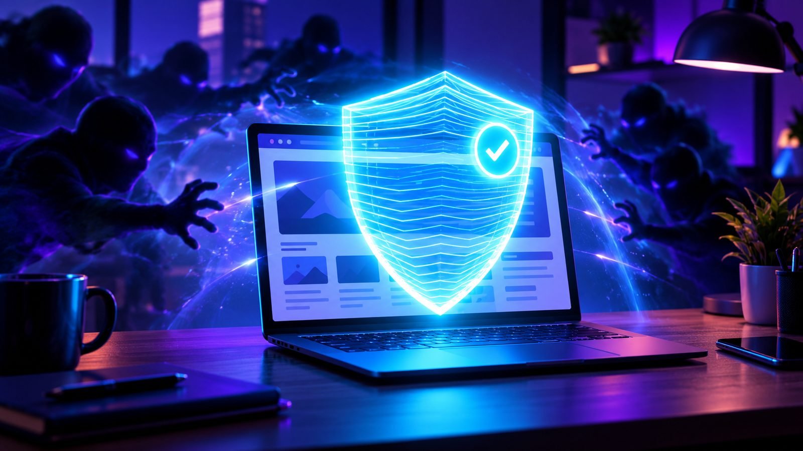 A glowing shield in front of a laptop blocking shadowy bot figures
