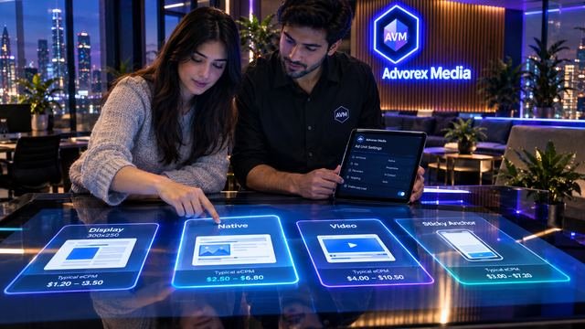 Two Advorex Media specialists comparing display, native, video and sticky anchor ad format cards on a glowing touchscreen table