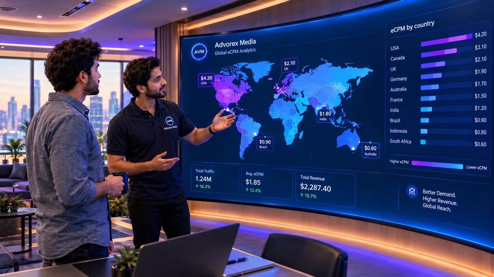 An Advorex Media analyst explaining a global eCPM analytics wall with a world map and an eCPM by country chart to a publisher