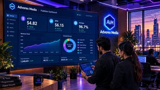 Advorex Media publisher dashboard on a large screen showing eCPM, RPM and fill rate with a rising revenue trend