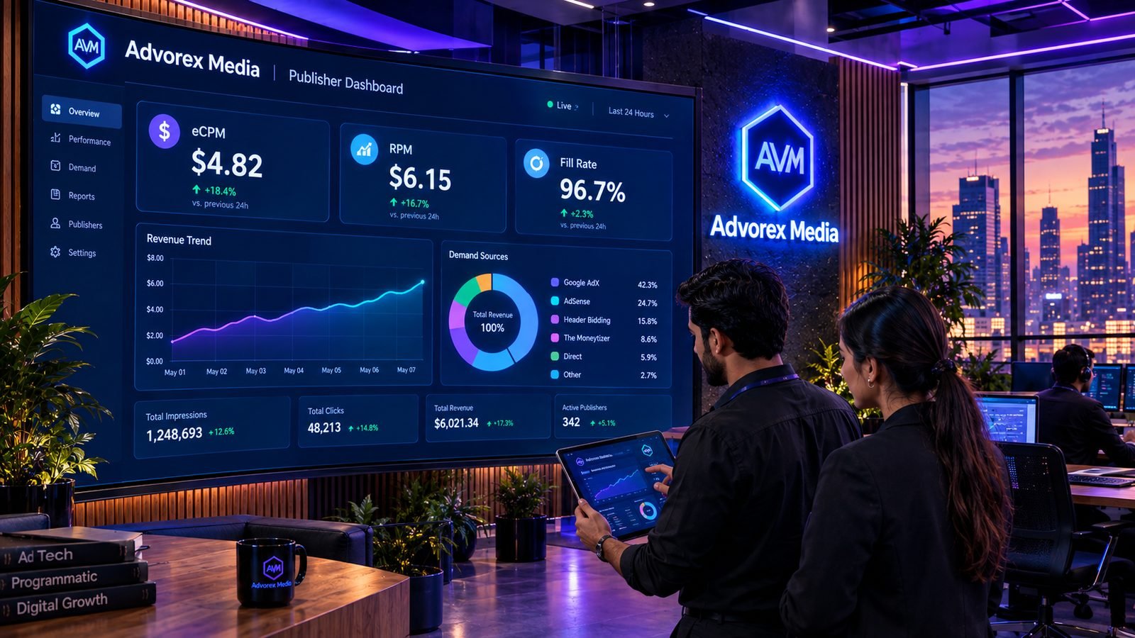 Advorex Media publisher dashboard on a large screen showing eCPM, RPM and fill rate with a rising revenue trend