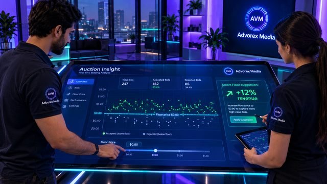 Two Advorex Media specialists adjusting a floor price slider on an auction insight touchscreen, with accepted bids above the floor line and a Smart Floor suggestion