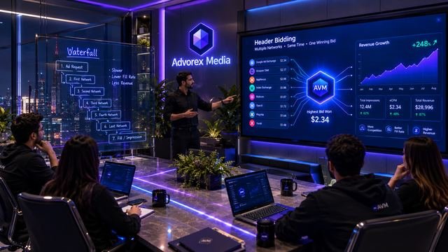 Advorex Media team comparing a step-by-step waterfall diagram with a header bidding screen where several networks bid at the same time