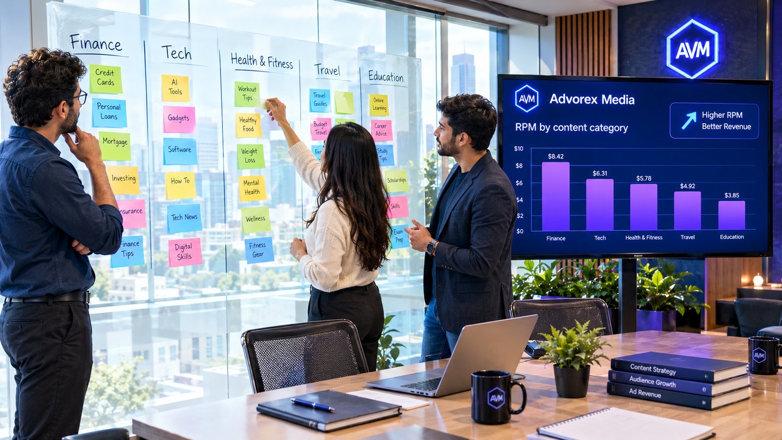 An Advorex Media content strategy meeting with sticky notes for Finance, Tech, Health and Fitness, Travel and Education next to an RPM by content category chart