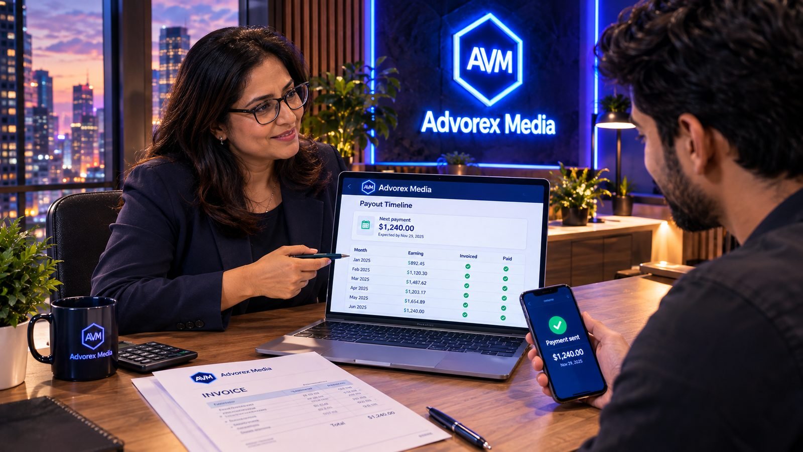 An Advorex Media finance manager showing a publisher the payout timeline on a laptop while the publisher's phone shows a payment sent notification