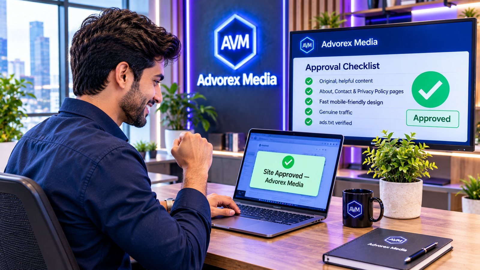 A smiling publisher celebrating a Site Approved message on his laptop, next to an Advorex Media screen with a completed approval checklist