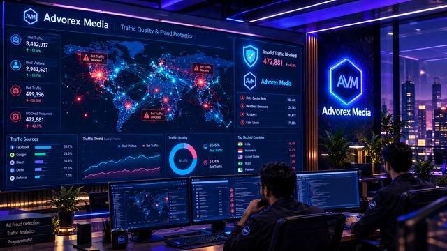 Advorex Media traffic quality wall showing a world map with blocked bot traffic in red and real visitors in blue