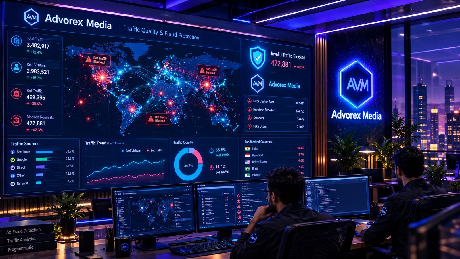 Advorex Media traffic quality wall showing a world map with blocked bot traffic in red and real visitors in blue