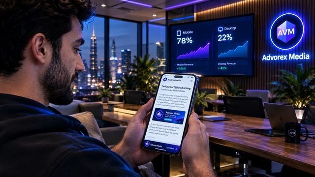 A man reading an article on his phone with a sticky ad at the bottom, in front of an Advorex Media screen showing mobile and desktop traffic