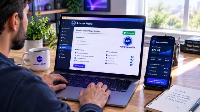 A blogger at a desk setting up Advorex Media ads on a WordPress site, with earnings showing on a phone