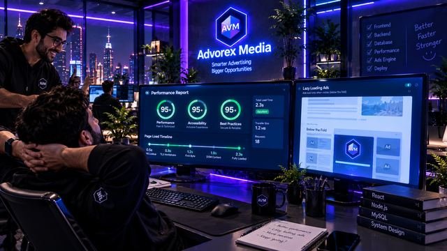 Advorex Media engineers celebrating a performance report with high scores next to a screen showing ads loading lazily below the fold