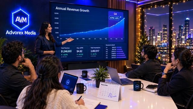 Advorex Media team reviewing an annual revenue chart where the line rises sharply in the Q4 months