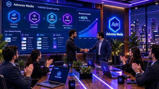 Advorex Media team celebrating a publisher's growth journey shown on a large screen with four tier badges and a rising revenue chart