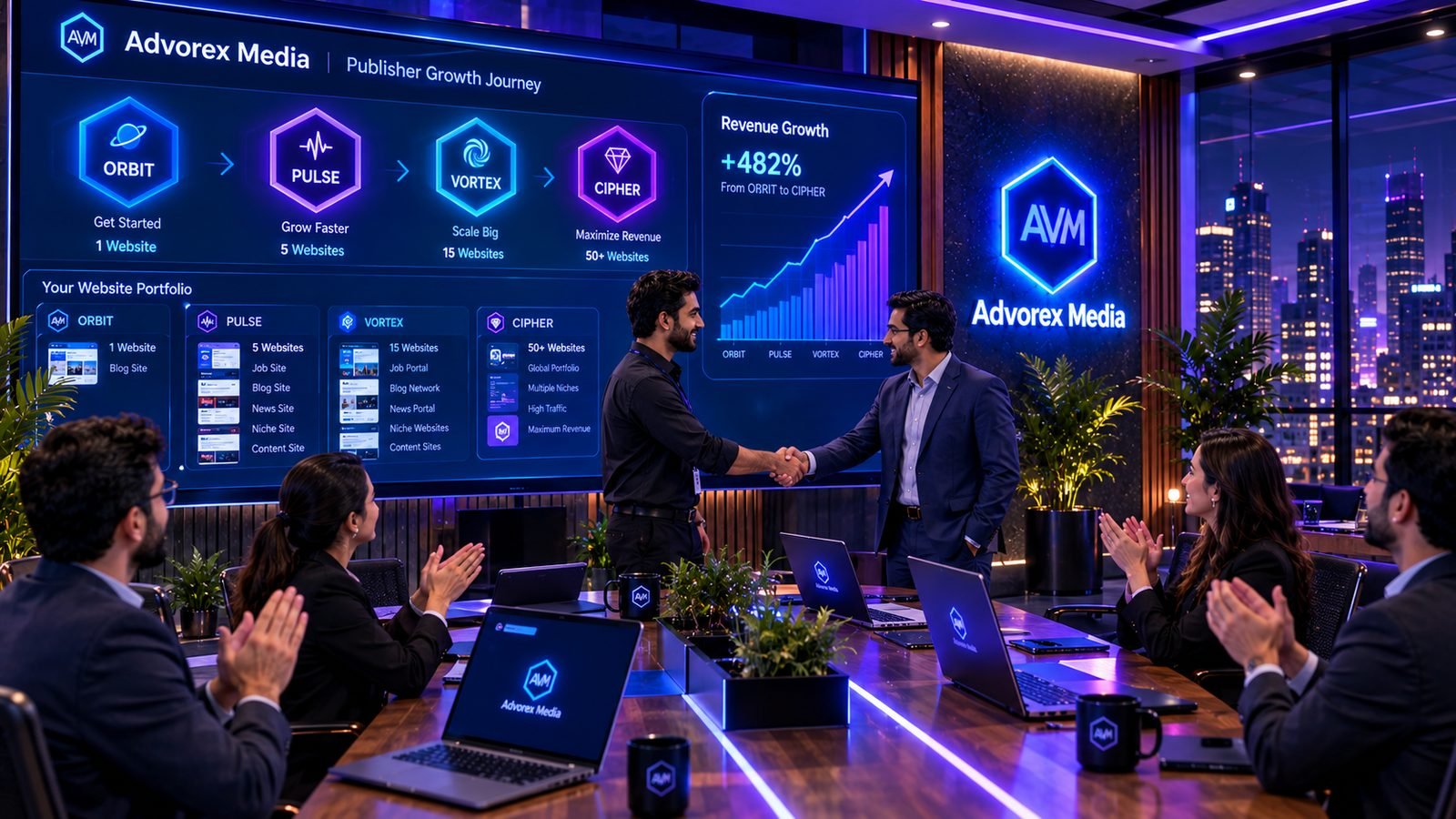Advorex Media team celebrating a publisher's growth journey shown on a large screen with four tier badges and a rising revenue chart