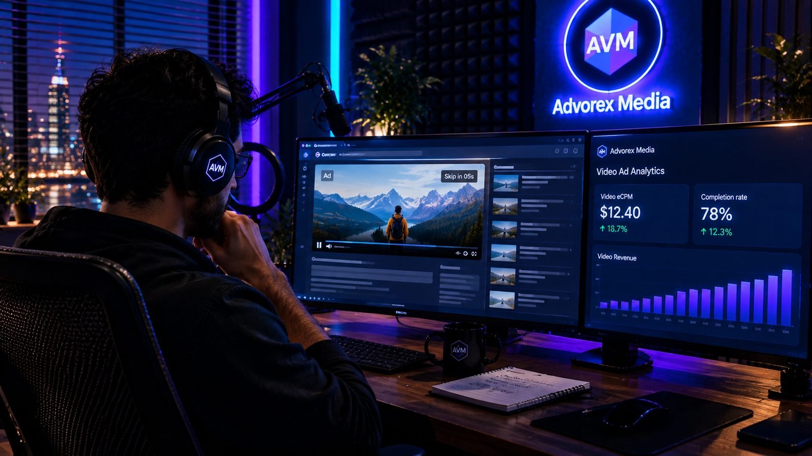 An Advorex Media specialist wearing headphones watching a video ad play on a website next to a video analytics screen