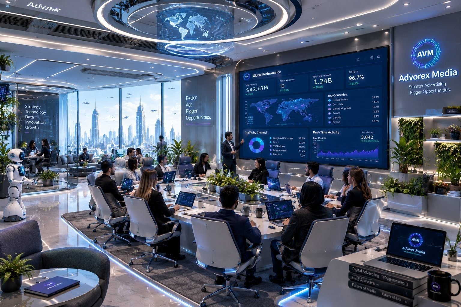 Advorex Media global operations center — team reviewing live revenue data on large display screens