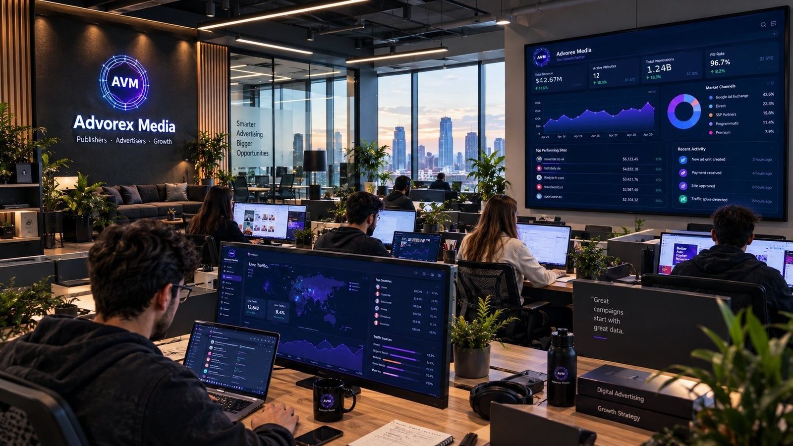 Advorex Media operations team at work — live publisher dashboards on multiple screens